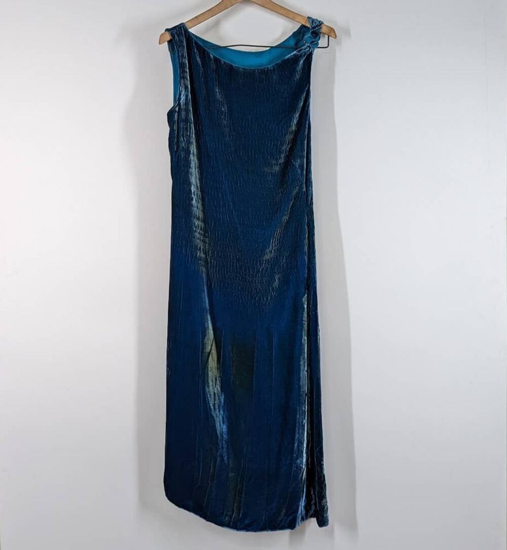 Alberta Ferretti Blue Velvet Sleeveless Wrap Dress Size 8 Women's Preowned FLAWS